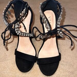 VENUS Black Crystal Lace-Up Evening Heels 6